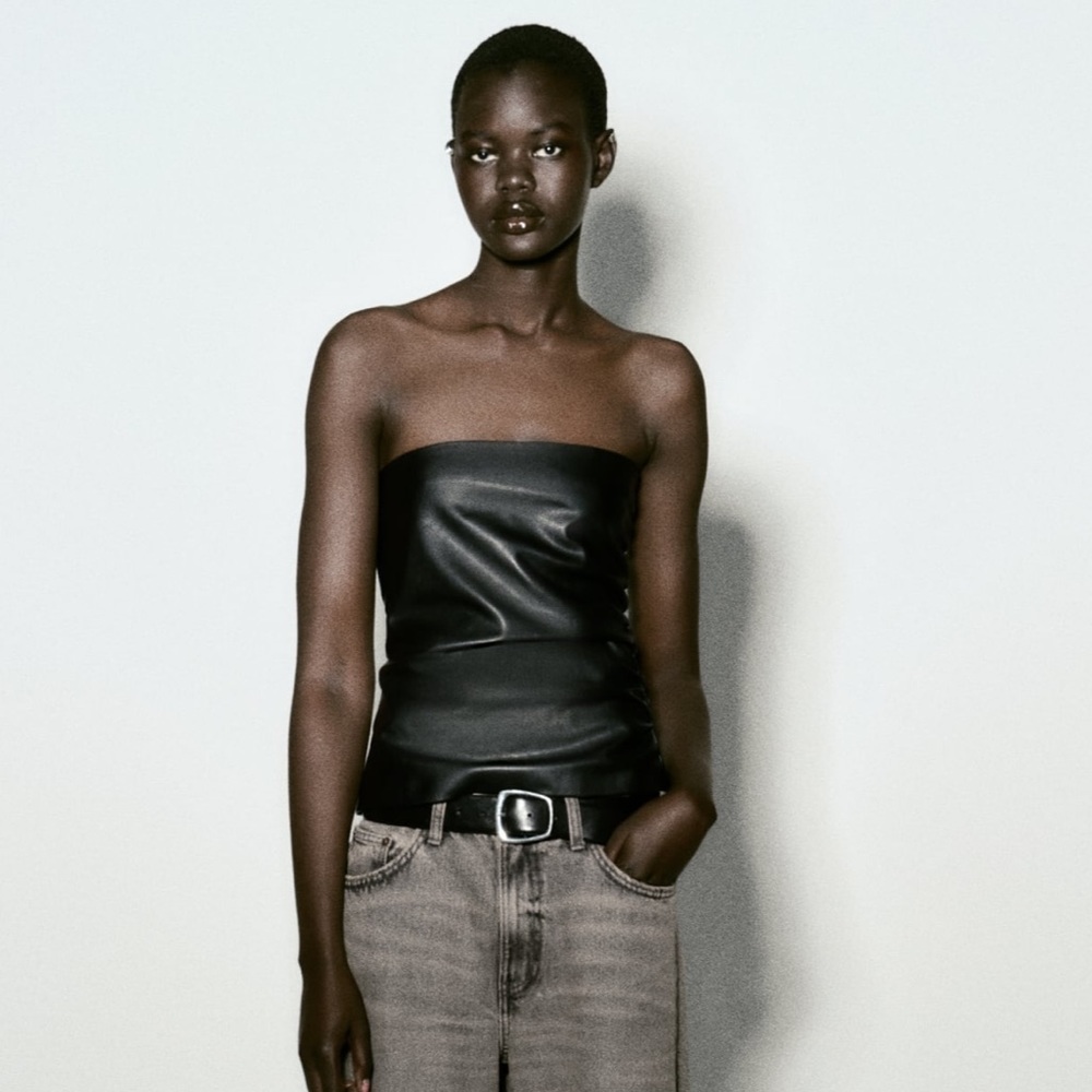 NWT Zara black faux-leather strapless top
